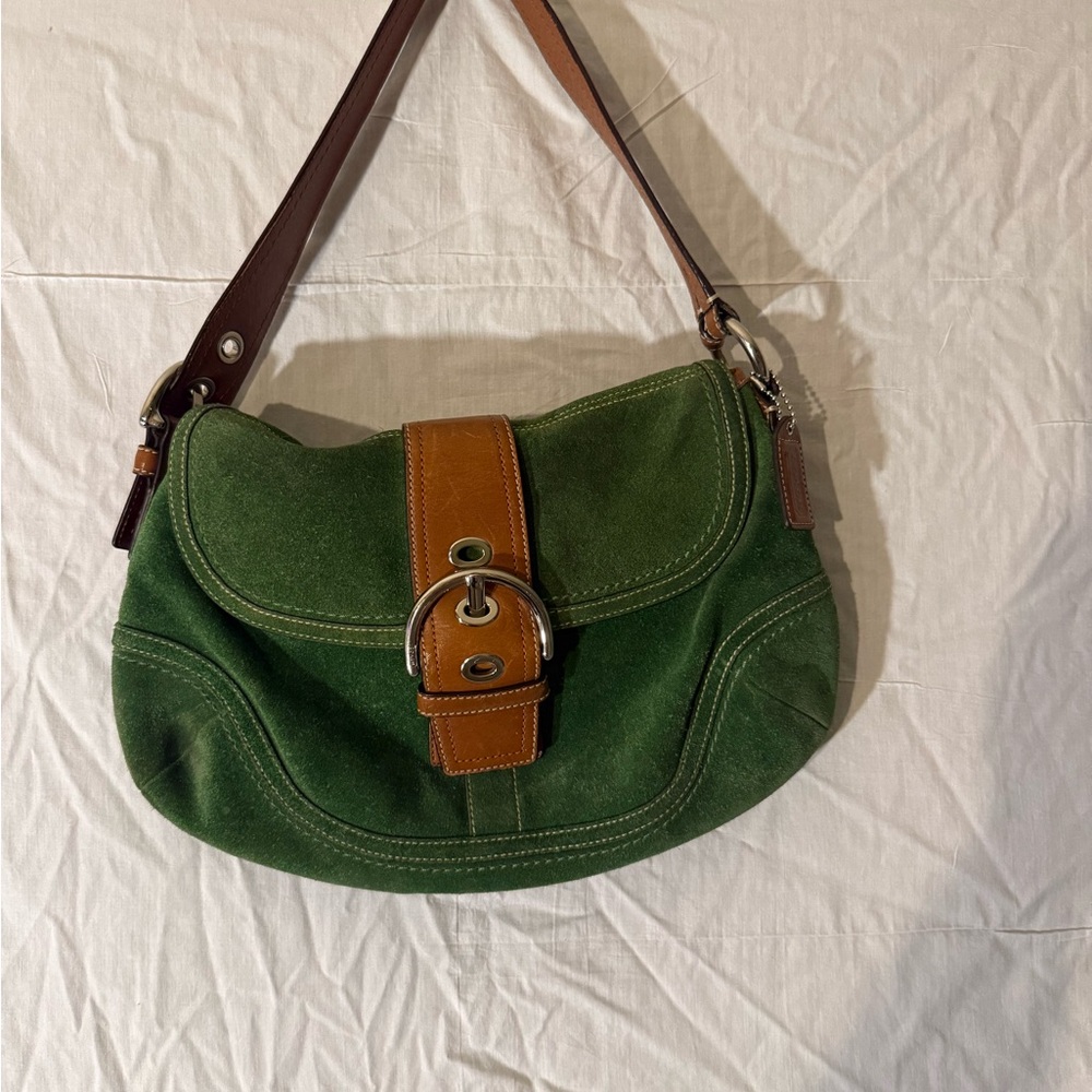 Coach Green Suede Shoulder Bag with Tan Leather Strap